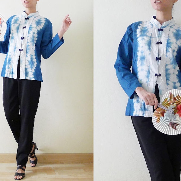 Unique 80s Indigo Dyed Cheongsam / QiPao Chinese Cotton top, long sleeve, mandarin collar shirt, Shibori style, hippie,oriental,Asian, S-M-L