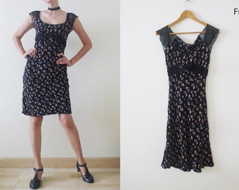 Betsey Johnson New York 90s Black with pink roses printed dress, sheer chiffon sleeve, Lolita ,babydoll, sexy, Size S