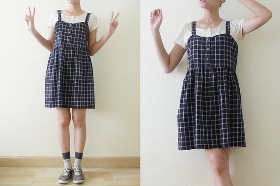 VTG Navy and White PLAID overall mini dress, Ging… - image 7