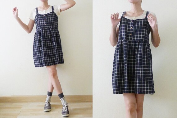 VTG Navy and White PLAID overall mini dress, Ging… - image 8