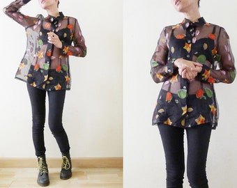 Japanese Vintage 80s black sheer shirt with colorful FRUITS print, long sleeve blouse,see through top,Hawaiian,grunge,punk,boho,hippie, S- M