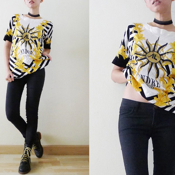 90s ANDRE LUCIANO black white and gold baroque tshirt, cotton top, Versace Style, scarf print, gold chains,hip hop,urban,graphic,Unisex, S-M