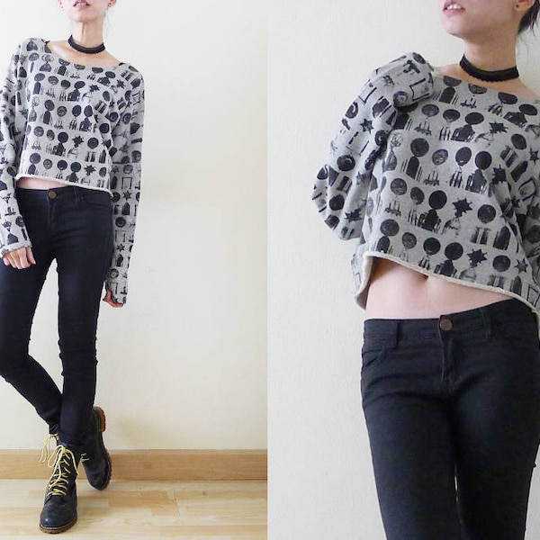 Upcycle oversize gray long sleeve crop sweatshirt, Medals Printed, cotton t-shirt,indy,preppy,street fashion,grunge,goth,club kid, Free Size