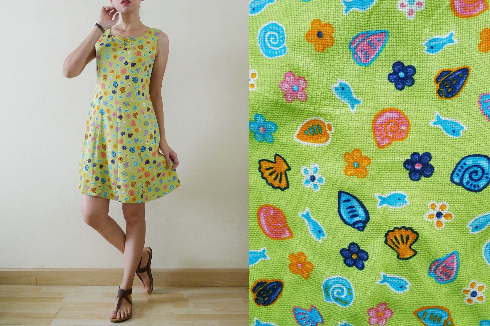 80s Lime Green AQUARIUM dress vtg Sea Punk mini dress fish Etsy