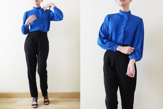 1970s Hanae Mori cobalt blue ruffle top, stand co… - image 3