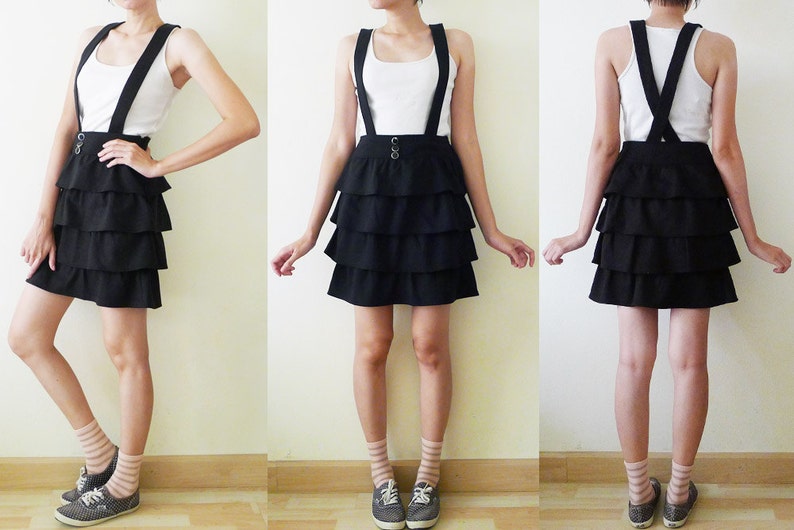 ruffle layered pinafore indie XS-S romper,jumper,summer mini dress,High Waisted Suspenders CUTE 90s VTG black overall dress criss cross