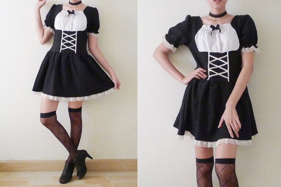 90s Black and White mini dress, doll sleeves,goth… - image 2