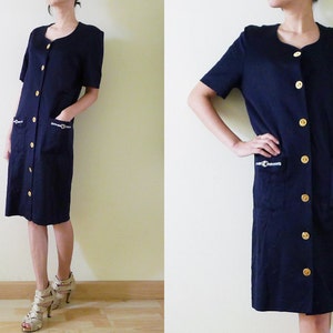 vintage navy blue cotton jersey dress, short sleeve,midi,gold front button up knee dress,nautical embroidery at pockets,made in Italy, M-L image 4