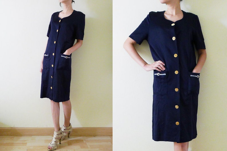vintage navy blue cotton jersey dress, short sleeve,midi,gold front button up knee dress,nautical embroidery at pockets,made in Italy, M-L image 4