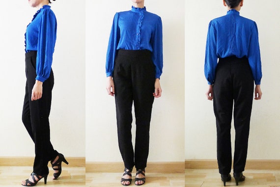 1970s Hanae Mori cobalt blue ruffle top, stand co… - image 9