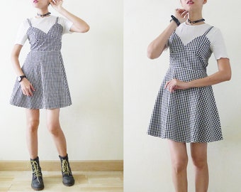 2 in 1 Build in gingham pinafore mini skater dress, one piece, faux suspenders, black and white, short sleeve,grunge,punk,LBD,clueless, XS-S