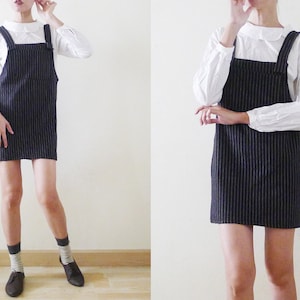 90s Black with White STRIPED overall micro mini dress,stretchy dungarees,romper,pocket pinafore,jumper,zakka,cute,babydoll,school girl, XS-S