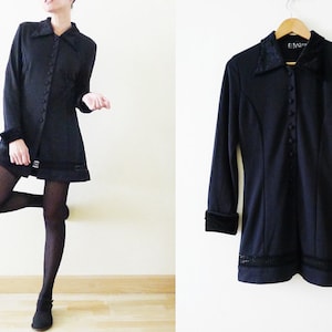 90s MOD woman plain black VELVET collar and wrist tunic top,blazer,jacket,outerwear,witch,grunge,goth,minimalism,stencil at hemline, S-M
