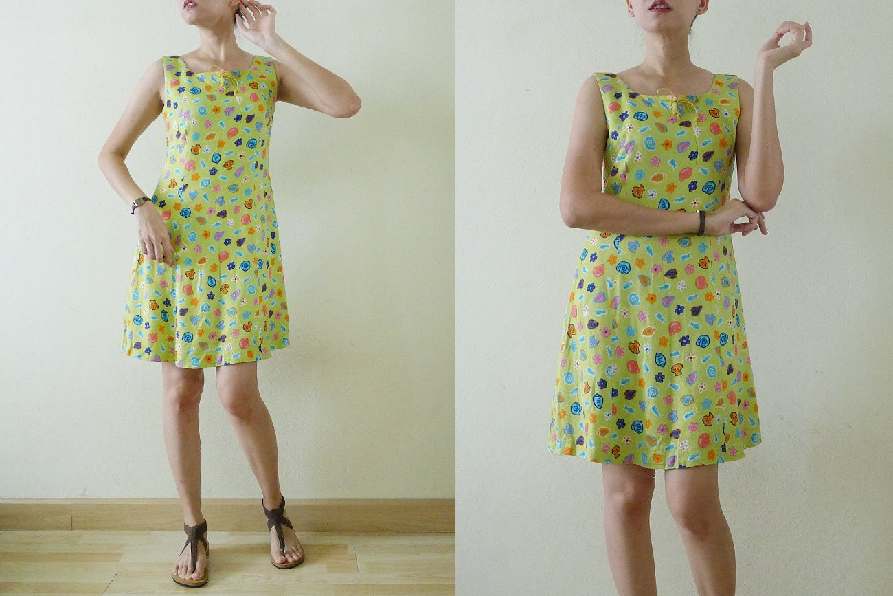 80s Lime Green AQUARIUM dress vtg Sea Punk mini dress fish Etsy