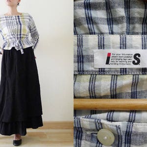 RARE 80s ISSEY MIYAKE blue and green Plaid cotton and linen peplum top,long sleeve,tie waist,Vintage Designer Top,square neck,button up, S-M