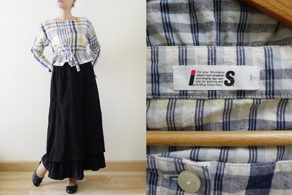 RARE 80s ISSEY MIYAKE blue and green Plaid cotton… - image 1