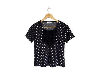 90s Courreges Polkadot T-Shirt: Black Slinky Top with Ruffle Detail (Size 40)