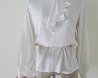 Super High Neck Modern Victorian Beautiful 70s white pleated turtleneck and ruffled ascot blouse,office shirt,flower texture,back button,S-M