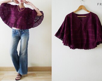 70s Deep Purple PONCHO lace top, cotton cape,kaftan blouse, Coachella,eyelet,lace applique,batwing,boho,hippie,gypsy,oriental,scallop, S-M-L