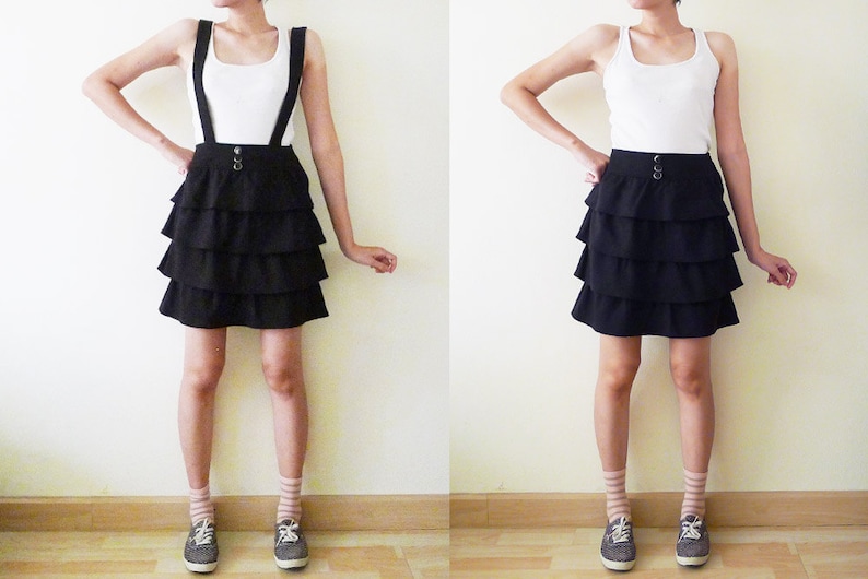 ruffle layered pinafore indie XS-S romper,jumper,summer mini dress,High Waisted Suspenders CUTE 90s VTG black overall dress criss cross