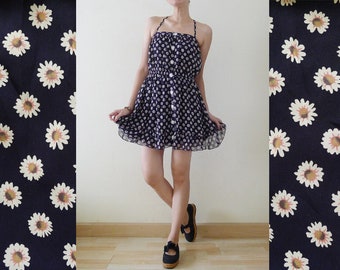 90s Navy and White Daisy spaghetti strap mini Dress,sleeveless skater chiffon dress,flowers print,hippie,festival,grunge,hipster,zakka,Small