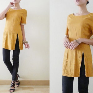 70s Plain Mustard Yellow tunic rayon cotton top,summer long blouse with high slit,short sleeve with polka dot details,minimalist,zakka,Small