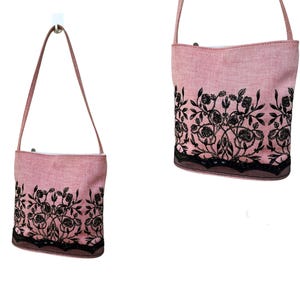 90s ANNA SUI Small Size Shoulder bag,pink with black florals printed,black lace and sequins embellishment,butterfly zipper signature, Lolita