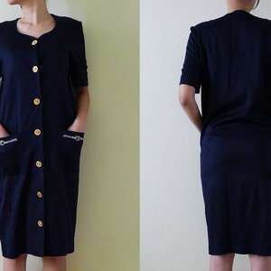 vintage navy blue cotton jersey dress, short sleeve,midi,gold front button up knee dress,nautical embroidery at pockets,made in Italy, M-L image 3