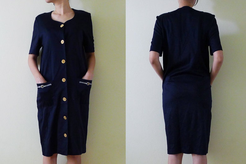 vintage navy blue cotton jersey dress, short sleeve,midi,gold front button up knee dress,nautical embroidery at pockets,made in Italy, M-L image 3