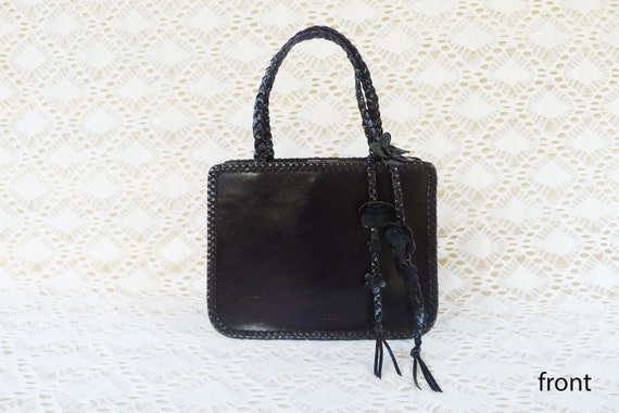 90s ANNA SUI Black Genuine Leather Rigid Box Shap… - image 3