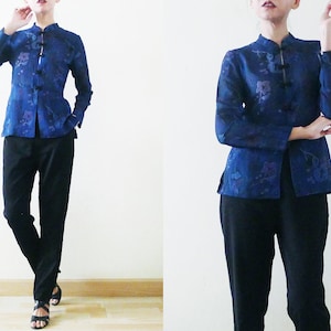 Good Cutting 70s Blue Cheongsam / QiPao Chinese top,semi sheer,long sleeve,mandarin collar shirt,Florals printed,exotic,oriental,Asian,Small image 3