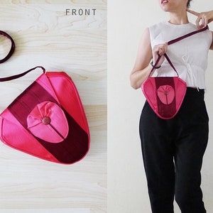 80s Charles Jourdan FUCHSIA pink Silk Satin Triangle crossbody bag,Genuine Leather lined,medium shoulder bag,Designer bag,hipster,boho- BOLD