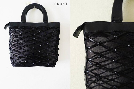 70s Vintage Black faux leather woven and net see … - image 3
