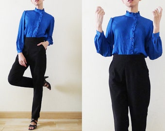 1970s Hanae Mori cobalt blue ruffle top, stand collar,high neck,high collar,button up,electric blue, Japanese designer,Retro, Small - Medium