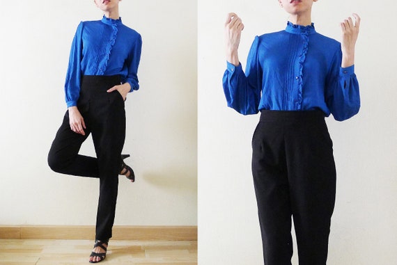 1970s Hanae Mori cobalt blue ruffle top, stand co… - image 1