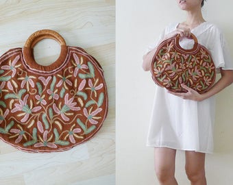 60s - 70s Indian hand loom cotton embroidered flower handbag, Multi Color top handle bag, Folk Arts and Craft, Hippie,Bohemian Purse, Tribal