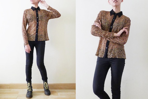 90s Leopard Fishnet Mesh top, net collar shirt,animal printed safari top, wild cat, tiger, cheetah, jungle,pop, rave,grunge,stretchy, S-M-L