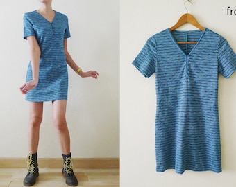 Totally 90s Cute Color Turquoise // Blue tone Striped mini scooter dress,body con,short sleeve,v neck,summer dress,MOD, hippie, Grunge, XS-S