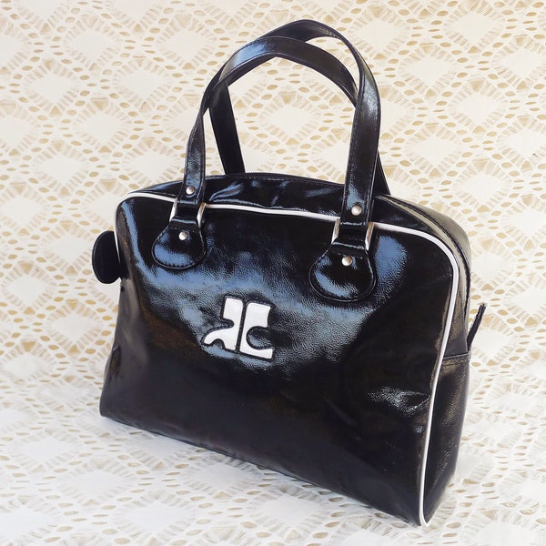 Vintage COURRÈGES black Patent pvc leather handbag with white trim details, logo at front, minimaist, Hippie, French Designer, Mod, retro