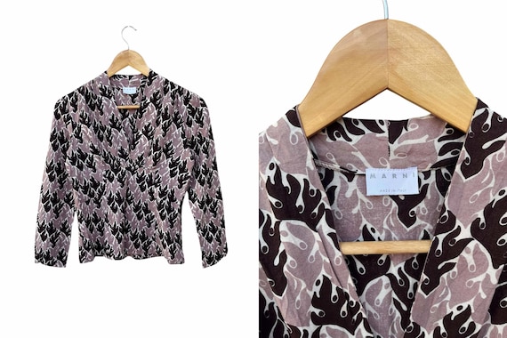 Marni, Vintage MARNI Cotton Top: Abstract Print Deep V-Neck, Size 38