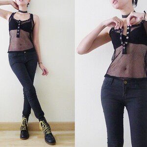 90s black mesh sleeveless racer back tank top,see through shirt,sheer net top,fishnet,stretchy,punk,with studs and RHINESTONES detail,XS-S-M image 4