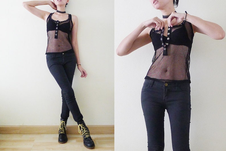 90s black mesh sleeveless racer back tank top,see through shirt,sheer net top,fishnet,stretchy,punk,with studs and RHINESTONES detail,XS-S-M image 4