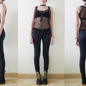 90s black mesh sleeveless racer back tank top,see through shirt,sheer net top,fishnet,stretchy,punk,with studs and RHINESTONES detail,XS-S-M image 5