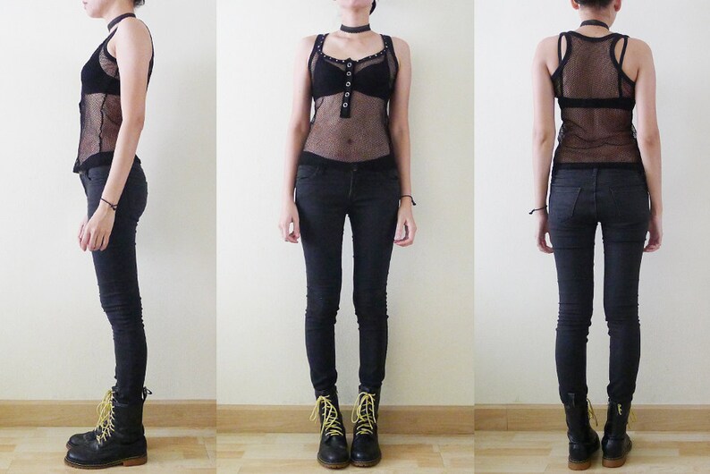 90s black mesh sleeveless racer back tank top,see through shirt,sheer net top,fishnet,stretchy,punk,with studs and RHINESTONES detail,XS-S-M image 5