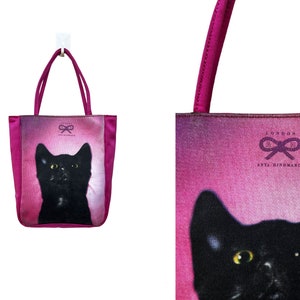 90s ANYA HINDMARCH London Black Cat Kitsch Printed mini handbag, Small size Vintage Kitten Photo handbag, Designer bag, logo at front image 1