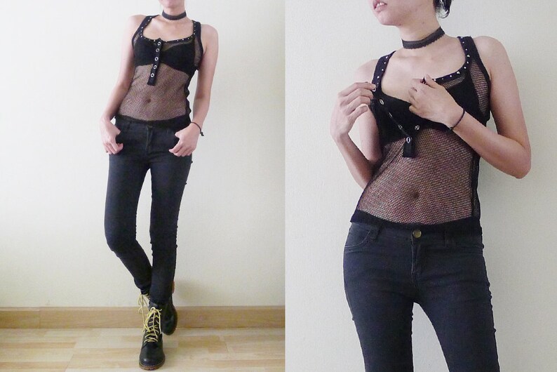 90s black mesh sleeveless racer back tank top,see through shirt,sheer net top,fishnet,stretchy,punk,with studs and RHINESTONES detail,XS-S-M image 2