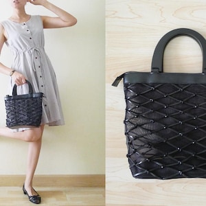 70s Vintage Black faux leather woven and net see through handbag, wooden handle, Minimalist,hipster,Hippie,Bohemian Purse, Tribal