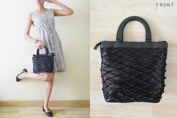 70s Vintage Black faux leather woven and net see … - image 1
