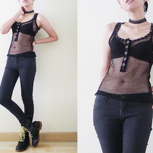 90s black mesh sleeveless racer back tank top,see through shirt,sheer net top,fishnet,stretchy,punk,with studs and RHINESTONES detail,XS-S-M