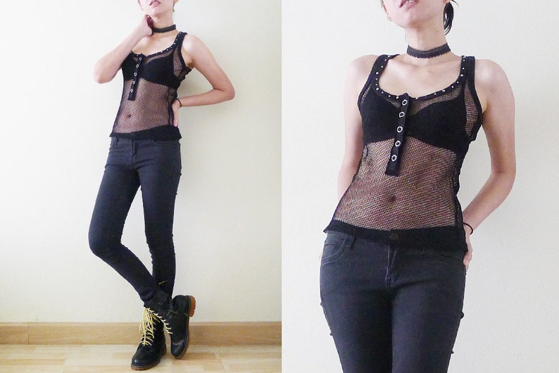 90s black mesh sleeveless racer back tank top,see through shirt,sheer net top,fishnet,stretchy,punk,with studs and RHINESTONES detail,XS-S-M image 1